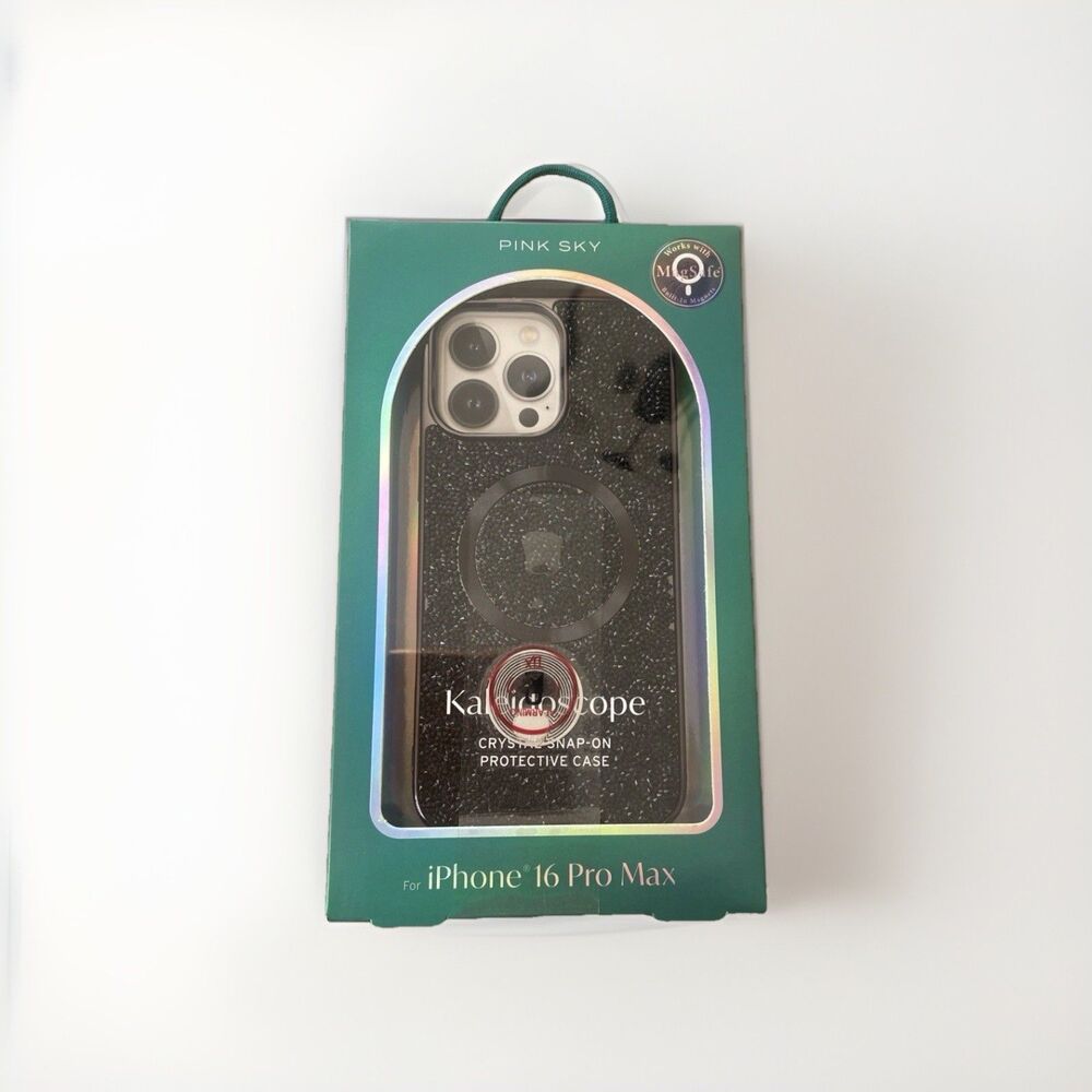NEW PINK SKY KALEIDOSCOPE BLACK CRYSTAL STONE  IPHONE 16 PRO MAX CELL PHONE CASE